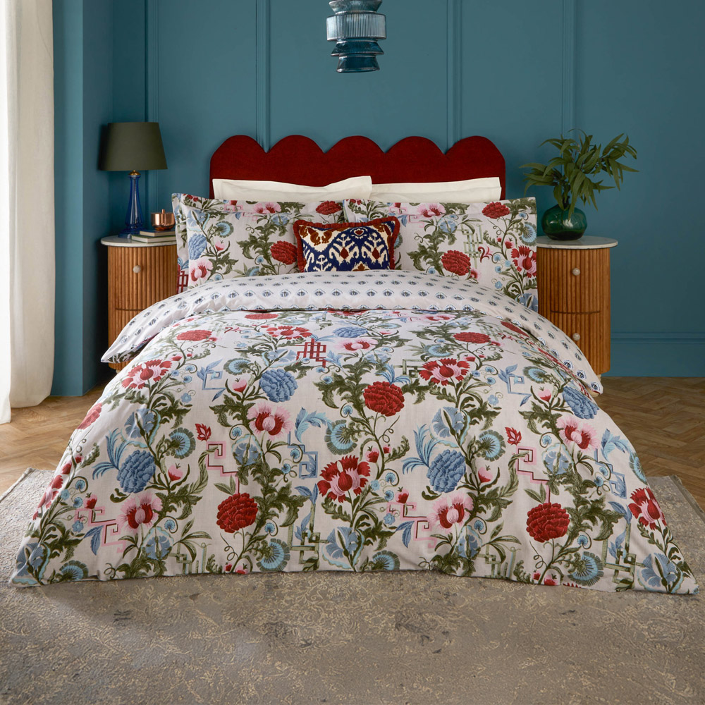 Seventy Three Ishana Single Redcurrent and French Blue Reversible Floral Duvet Set Image 1