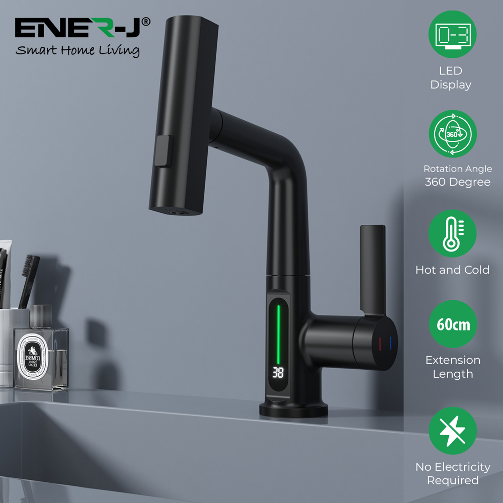 Ener-J Single Hole Black Pull Out Waterfall Kitchen Tap with LED Display Image 2
