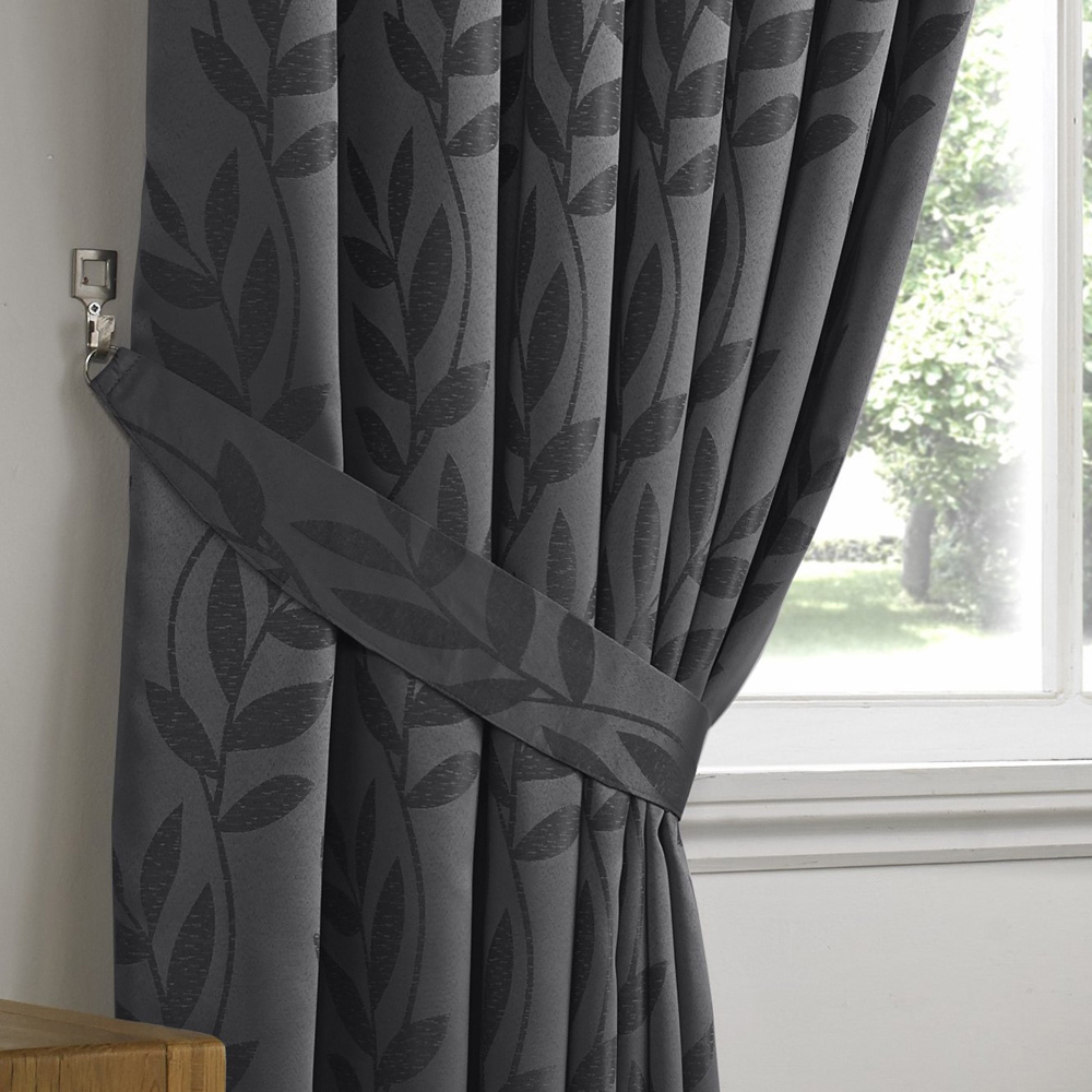 Alan Symonds Dupion Charcoal Leaf Jacquard Ring Top Eyelet Curtains 117 x 183cm Image 3
