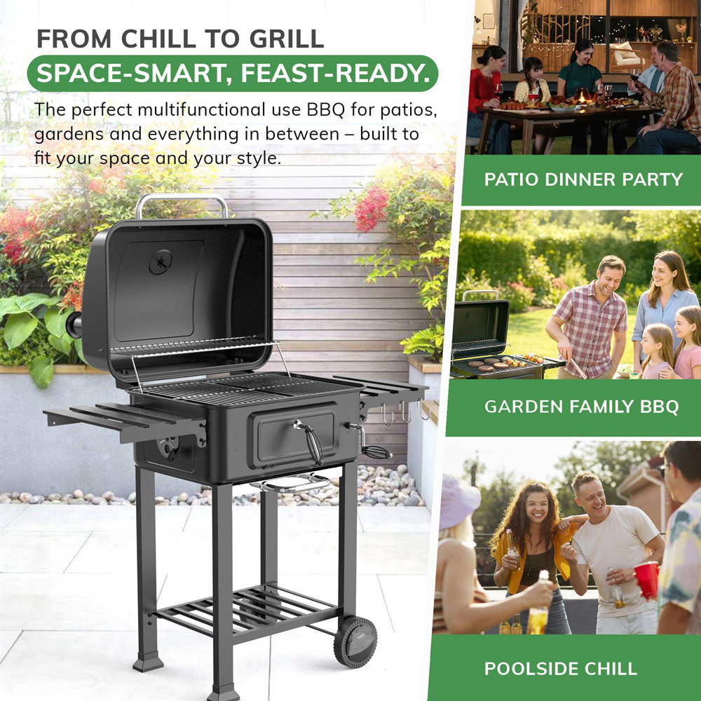 House of Home Black Charcoal BBQ Smoker with 2 Foldable Side Table Image 4