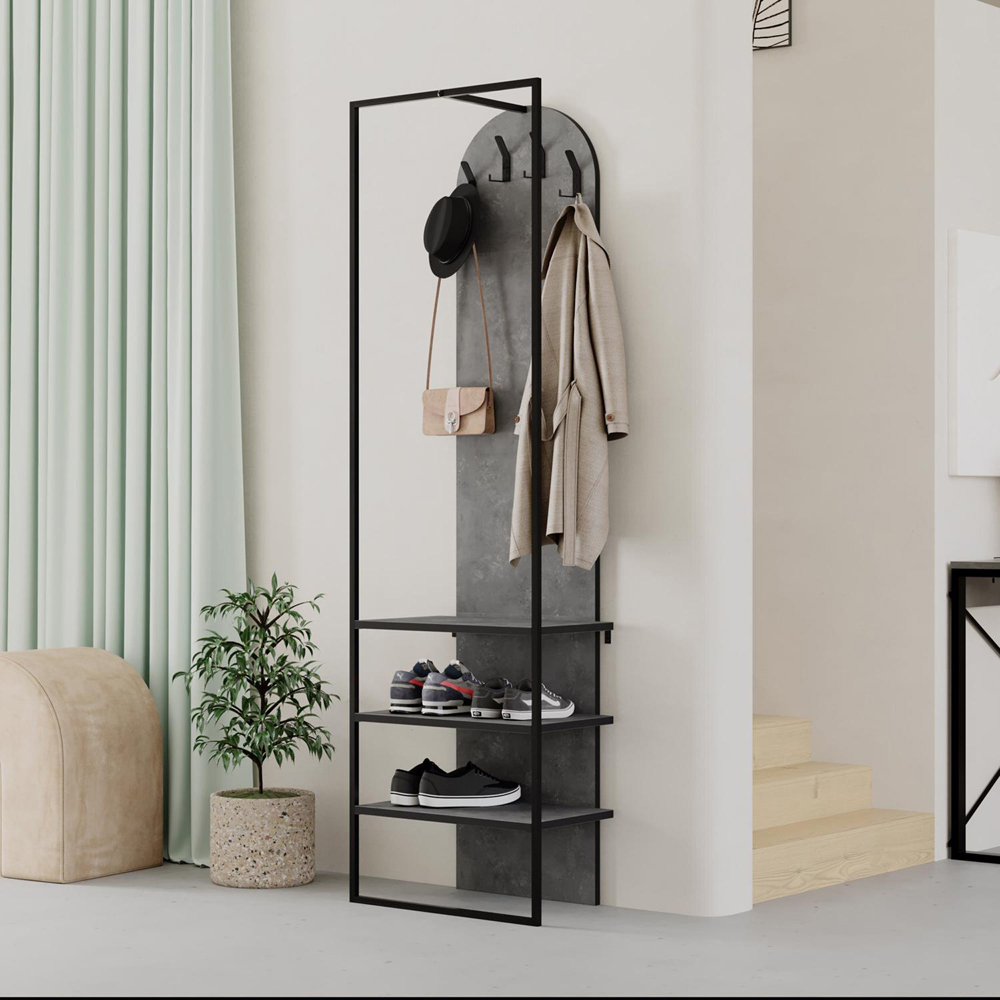FWStyle Archy 3 Shelf Retro Grey Coat Rack Stand with Shoe Storage Image 4