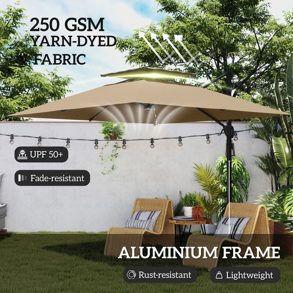 Outsunny 2 Tier Khaki Aluminium Solar LED Crank and Tilt Cantilever Parasol 3.5m Image 5