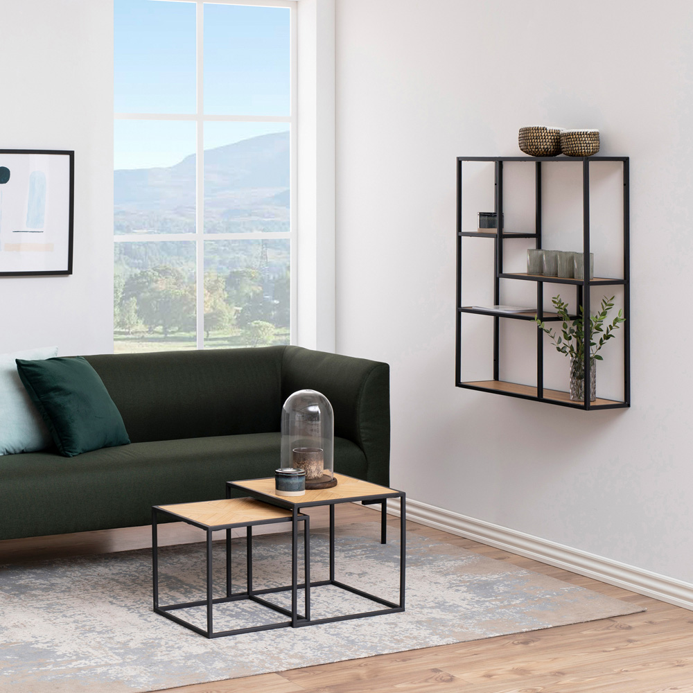 Florence Seaford 4 Shelf Oak and Black Metal Wall Shelf Image 2