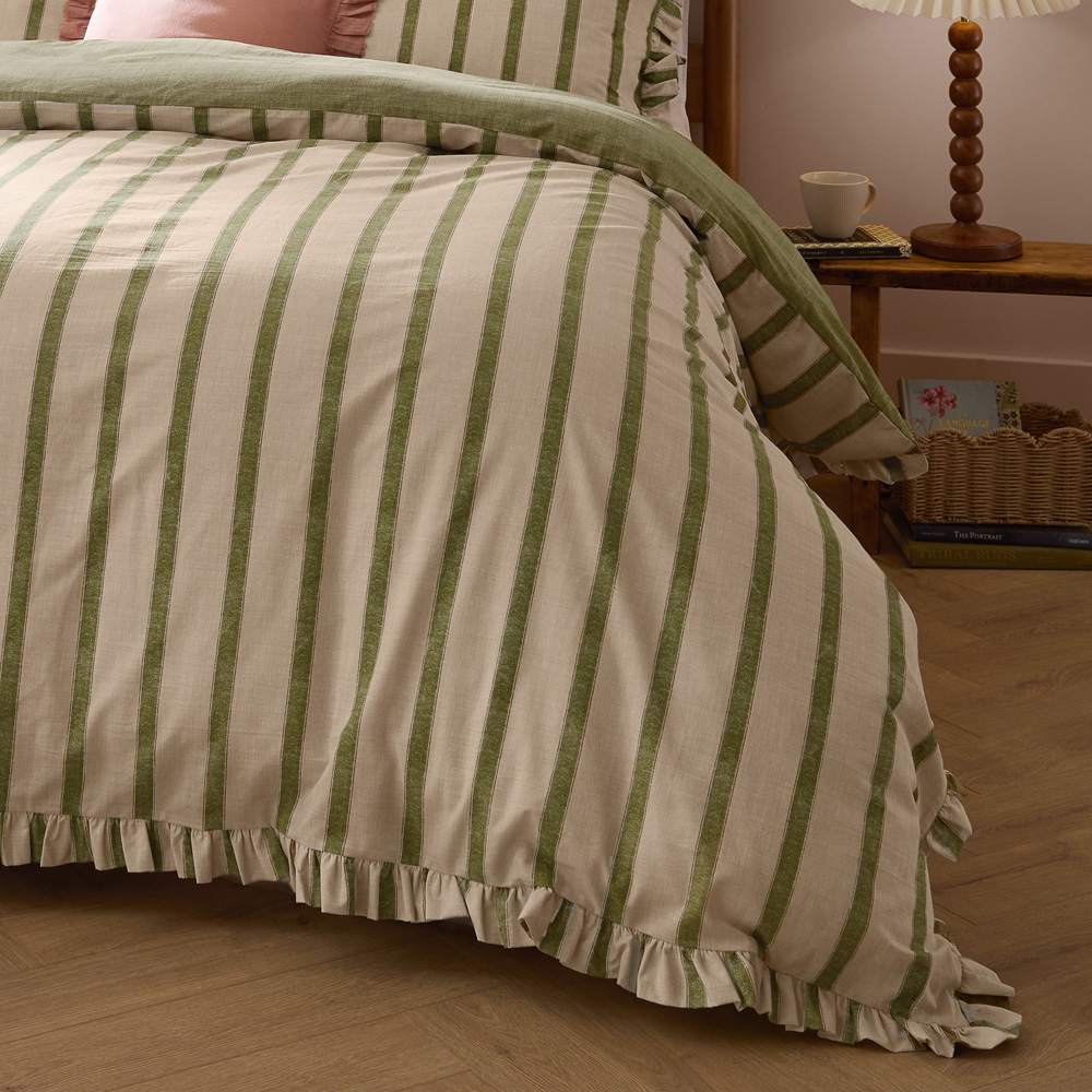 Wylder Nature Connie Olive King Size Striped Ruffle Duvet Set Image 3