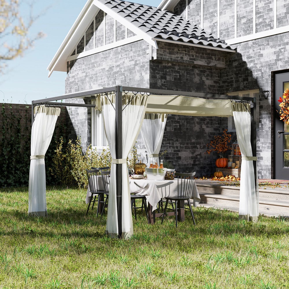 Outsunny 3 x 3m Khaki Pergola with Retractable Roof and Netting Image 2