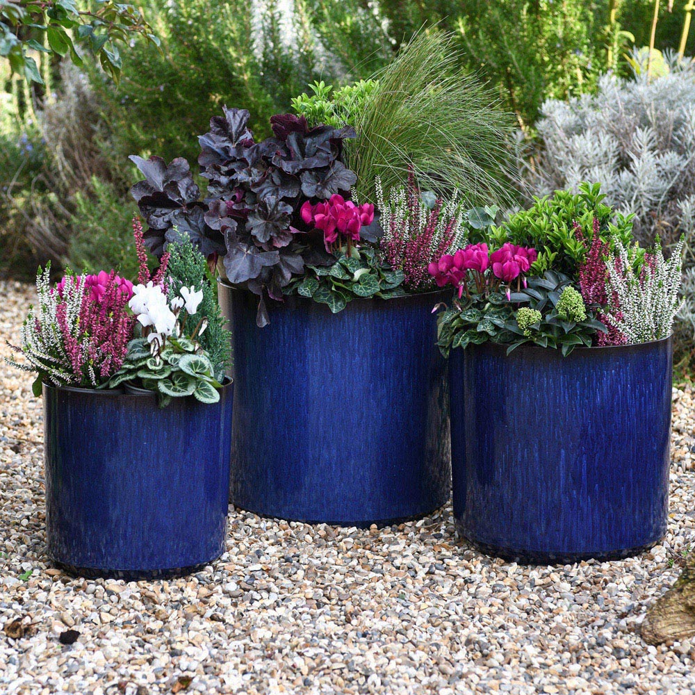 Garden Gear Ocean Blue Glazed Cylinder Planter Set of 3 Image 2