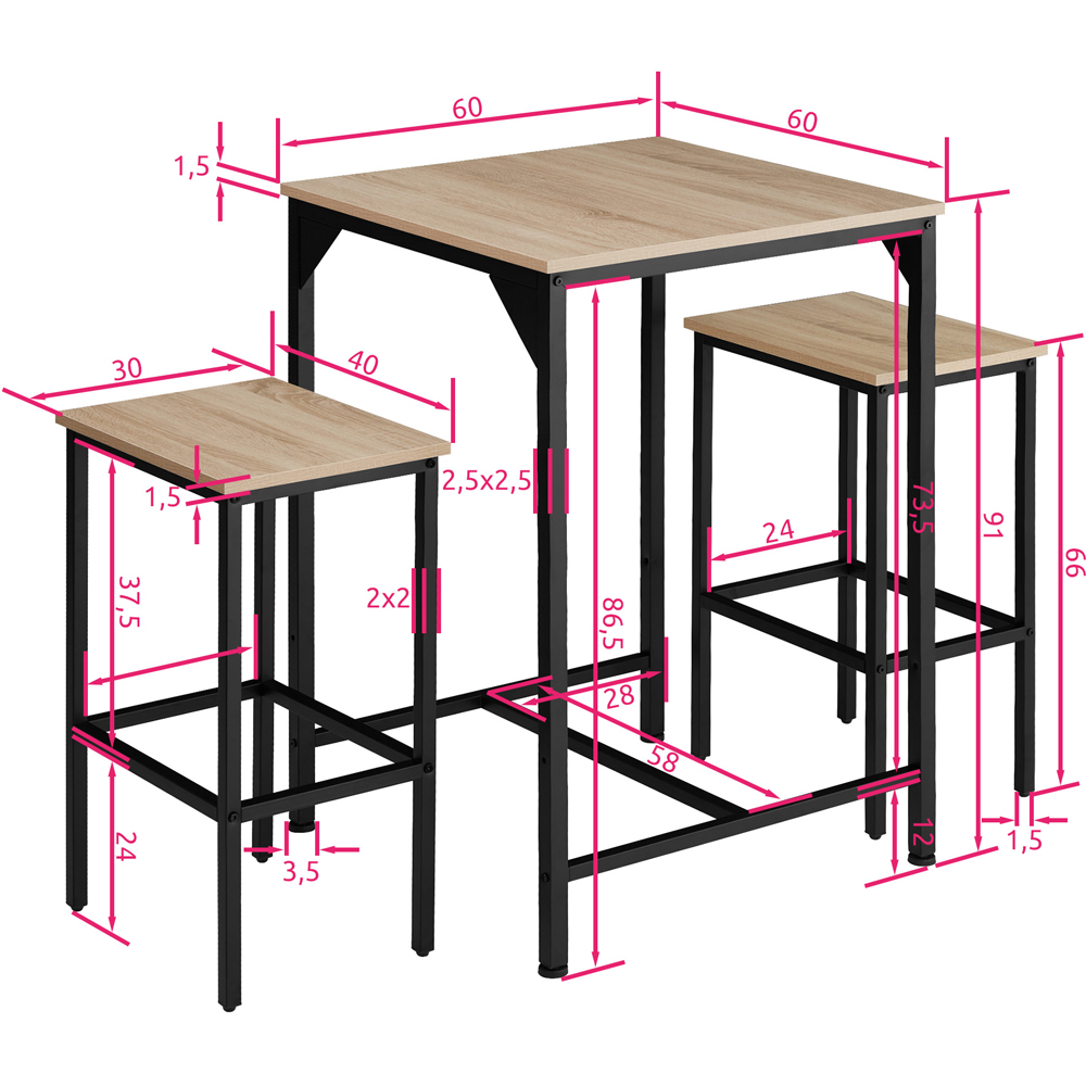 tectake 2 Seater Light Wood Oak Sonoma Bar Table with Stools Image 8