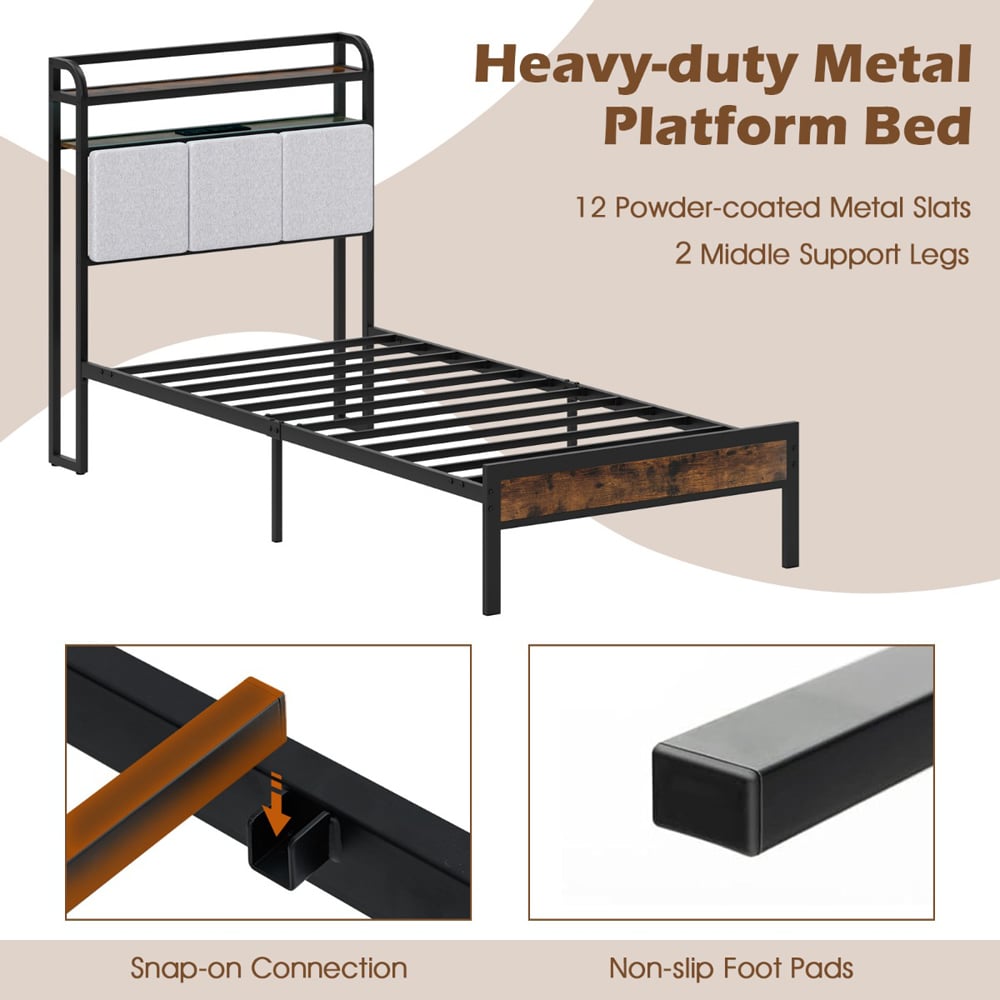 Costway Single Metal Bed Frame with LED and Charging Station Image 6