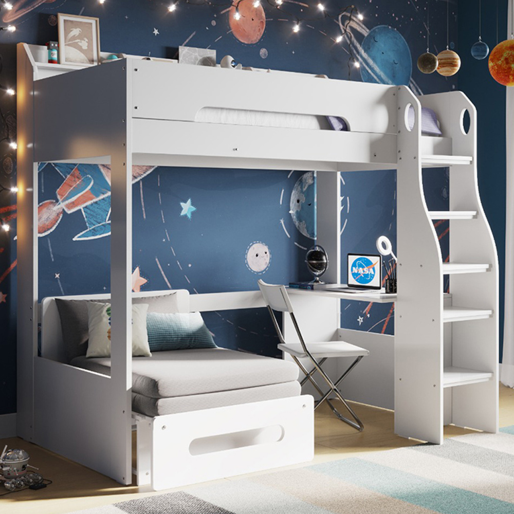 Flair Cosmic White Wooden High Sleeper with Charcoal Grey Futon Image 1