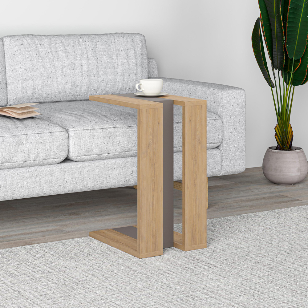 Decortie Muju Oak and Mocha Grey C Shape Side Table with Side Support Image 5
