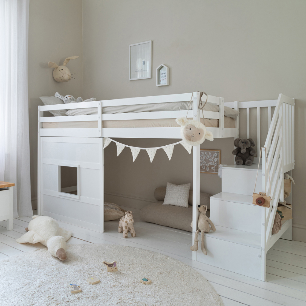 Noa and Nani Kasja White Staircase Mid Sleeper Cabin Bed with Window Image 6
