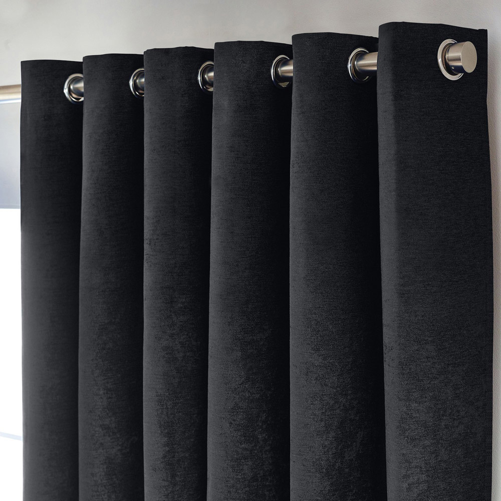 Alan Symonds Black Chenille Blackout Ring Top Eyelet Curtains 117 x 229cm Image 2