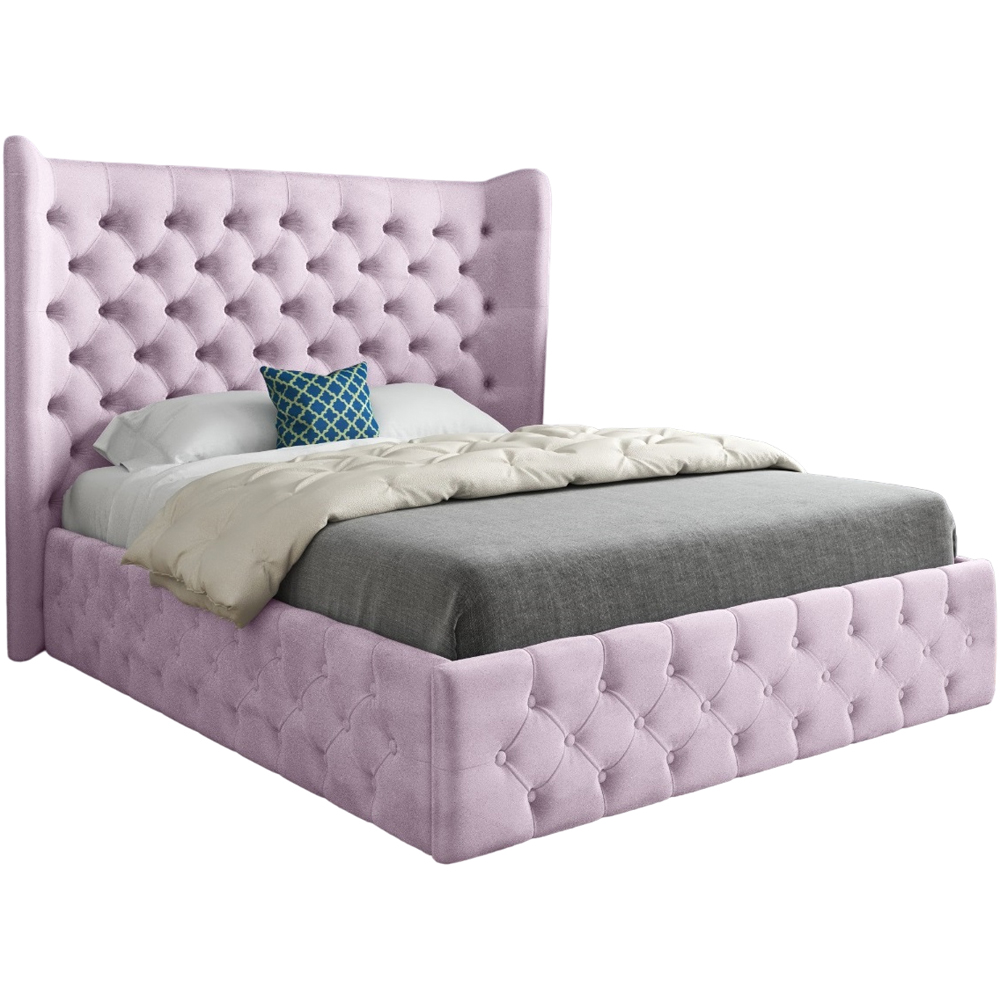 Florence Pink Small Double Velvet Upholstered Bed Frame with Wide Winged Chesterfield Headboard Image 2