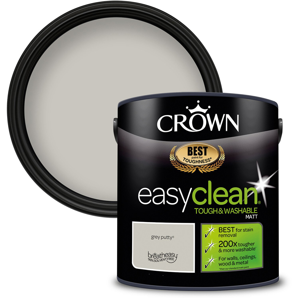 Crown Easyclean Grey Putty Matt Emulsion Multisurface Paint 2.5L Image 1