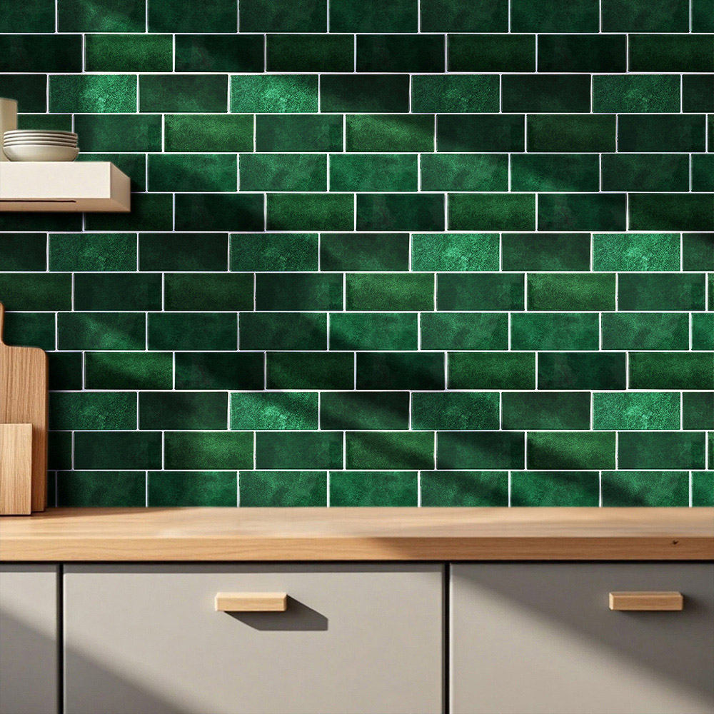 Living and Home Brick Effect Dark Green Rectangle Self Adhesive Wall Sticker 10 Pack Image 8