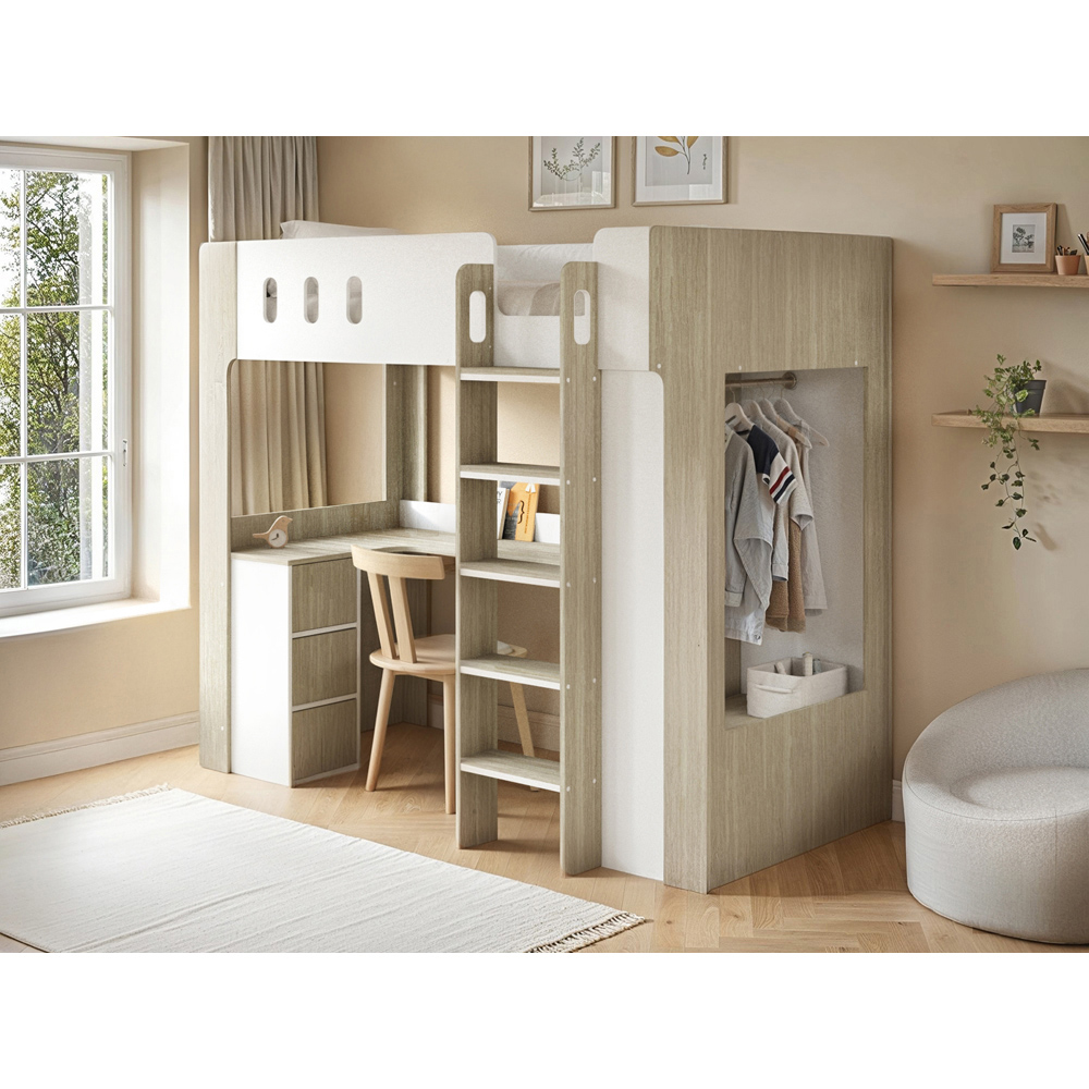 Flair Willow White and Oak High Sleeper Bed with Desk and Storage Image 4