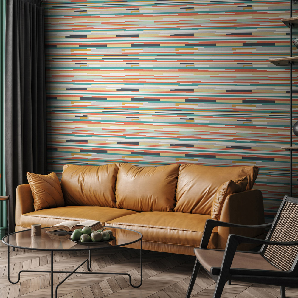 Hoopla Walls Horizontal Stripe Orange and Blue Non Woven Wallpaper Image 2