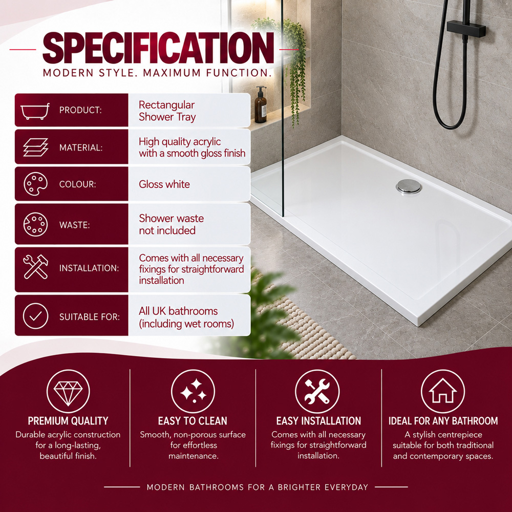 Go Bathrooms Delton 30mm White Low Profile Rectangular Shower Tray 1000 x 800mm Image 5