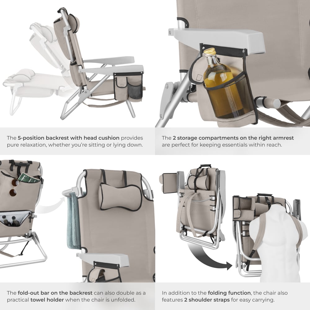 tectake Coral Set of 2 Beige Foldable Beach Chair with Backpack Image 5