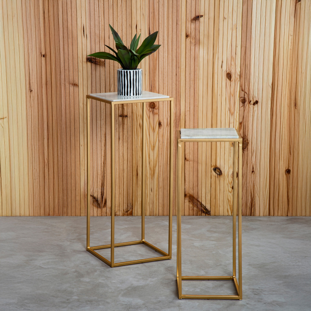 Premier Housewares Mandoli Gold and White Marble Top Square Nest of Side Tables Set of 2 Image 2