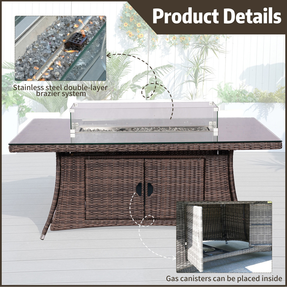 Direct wicker Brown 6 Seater Rattan Outdoor Dining Set with Rectangular Firepit Table Image 4