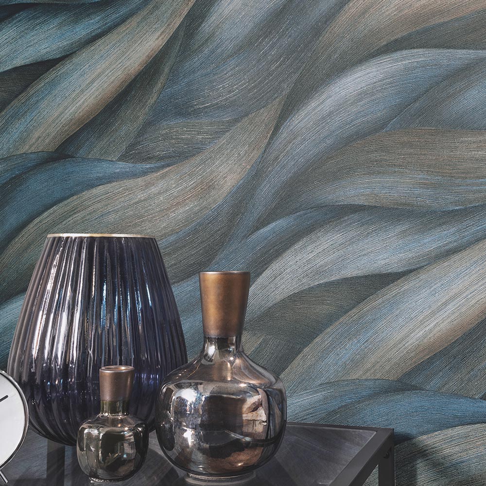 Erismann Leaf Waves Luxury Blue and Brown Wallpaper Image 4