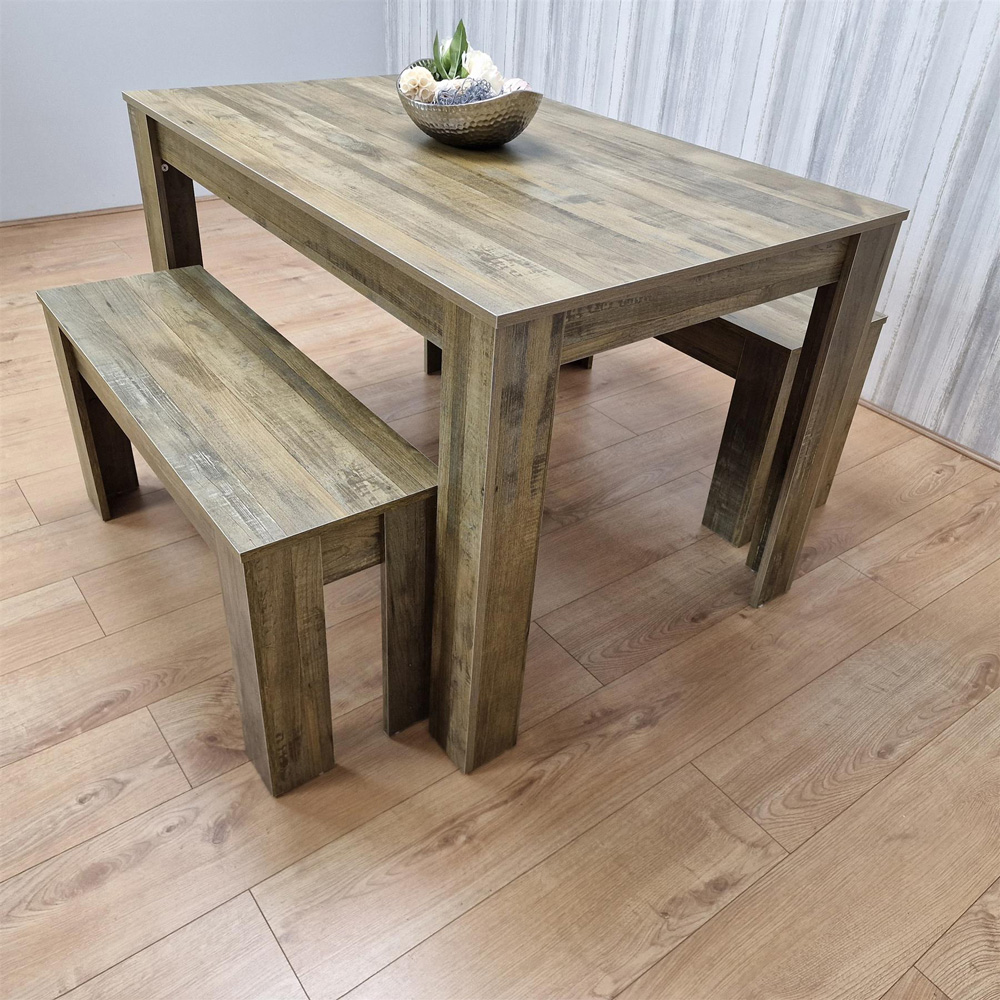 Portland 4 Seater Rustic Effect Dining Table Set with Benches Image 5