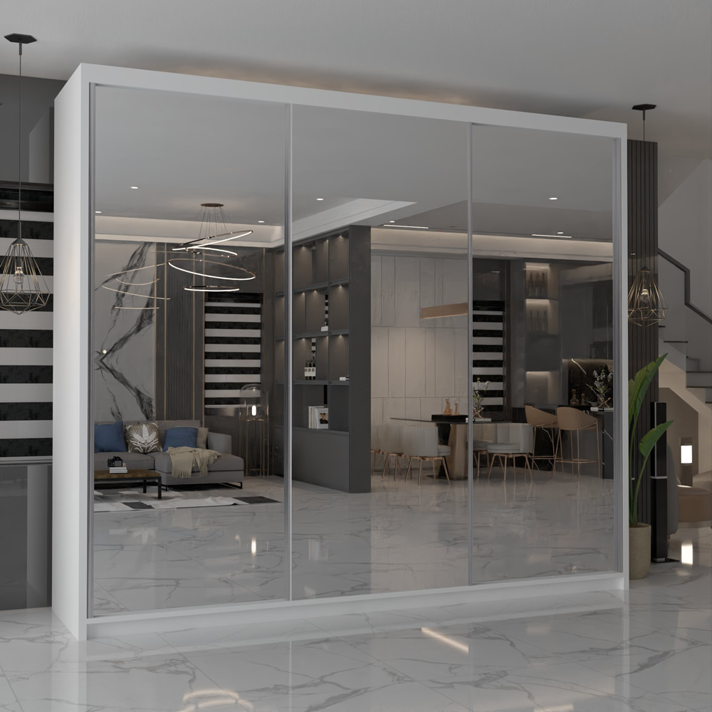 M N Furniture Modern Gala 3 Door White Mirrored Sliding Wardrobe 250cm Image 4