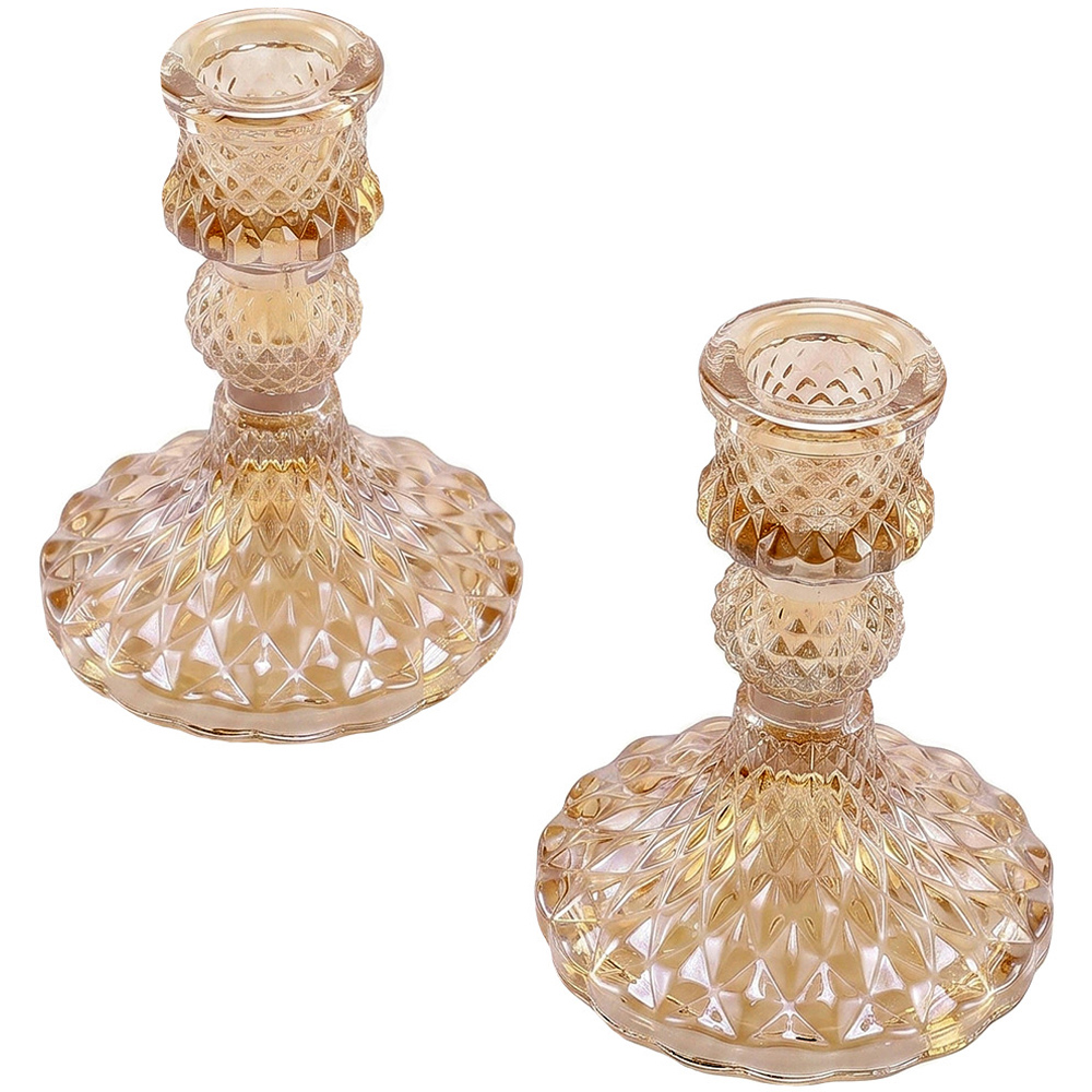 Living and Home Amber Glass Candlestick Holder Set of 2 Image 4