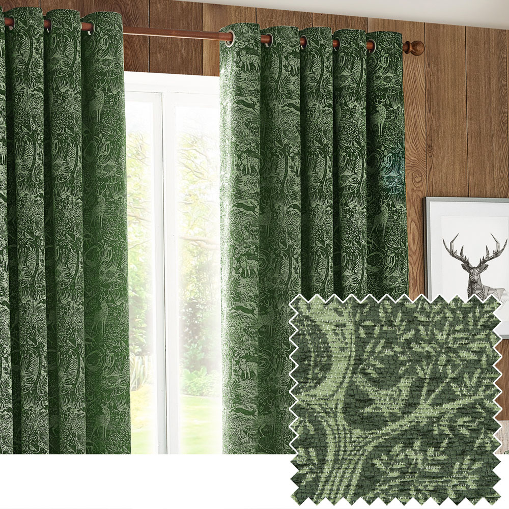 furn. Winter Woods Emerald Animal Chenille Eyelet Curtains 229 x 137cm Image 2