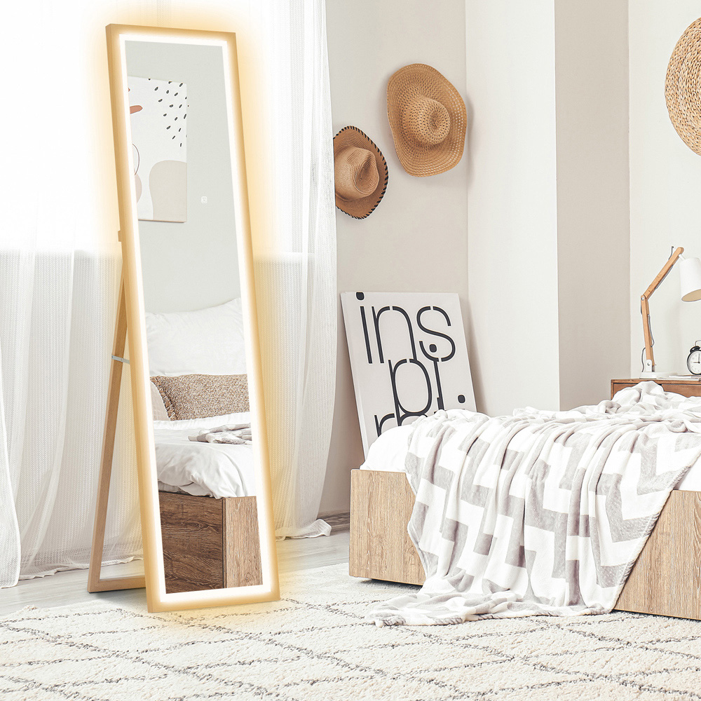 Portland Oak Wood Effect Frame Full Length Mirror with Dimming Lights 160 x 40cm Image 2