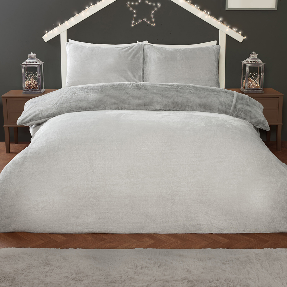Star Embroidered Faux Fur Duvet Set Silver Single Image 2