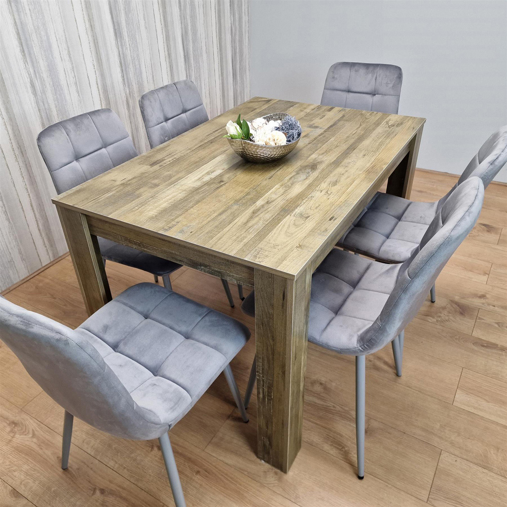 Portland 6 Seater Velvet Dining Set Rustic Effect and Grey Image 5