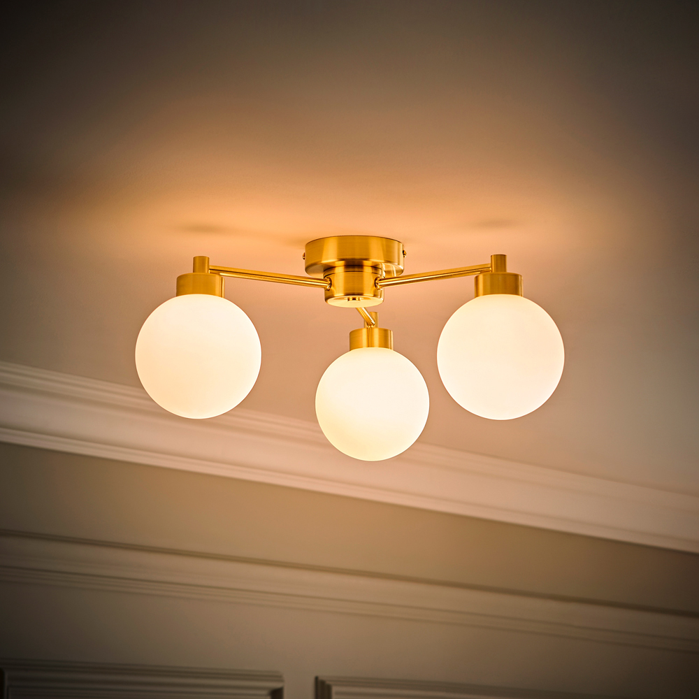 ValueLights Jonah Brushed Gold 3 Arm Globe Ball Shade Flush LED Ceiling Light Image 2