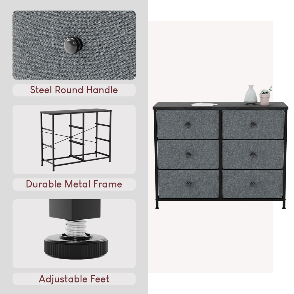 Vida Designs Chorley 6 Drawer Grey and Black Fabric Chest of Drawer Image 5