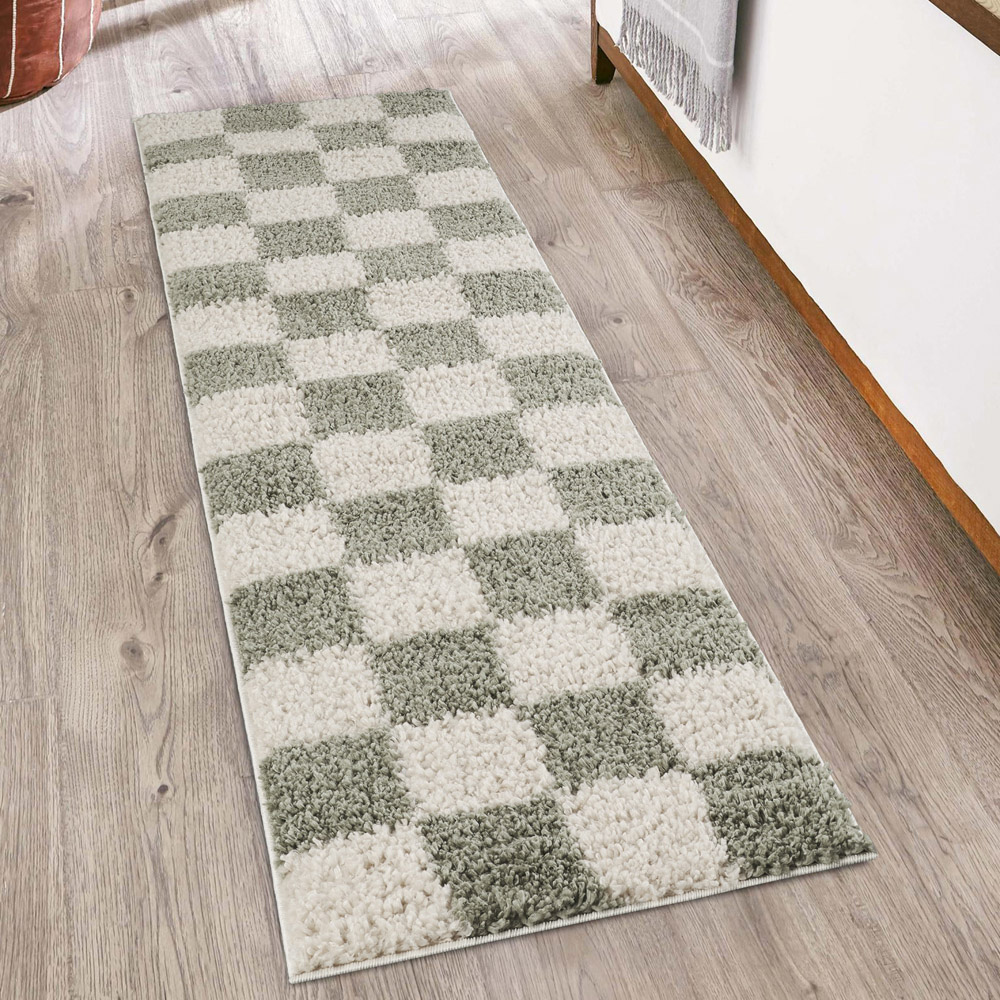 Desire Rugs Chester Sage Shaggy Checkered Rug 60 x 220cm Image 2