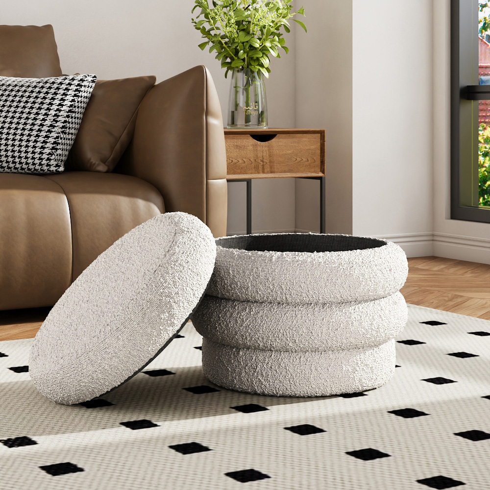 Living and Home Cream Boucle Upholstered Round Storage Ottoman Image 7