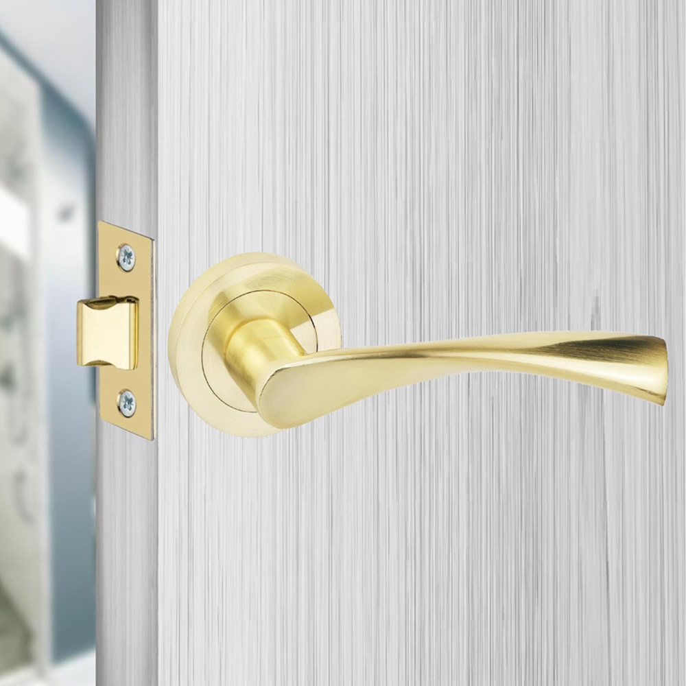 Golden Grace Astrid Satin Brass Door Handles Euro Lock and Key Set 70mm Image 2