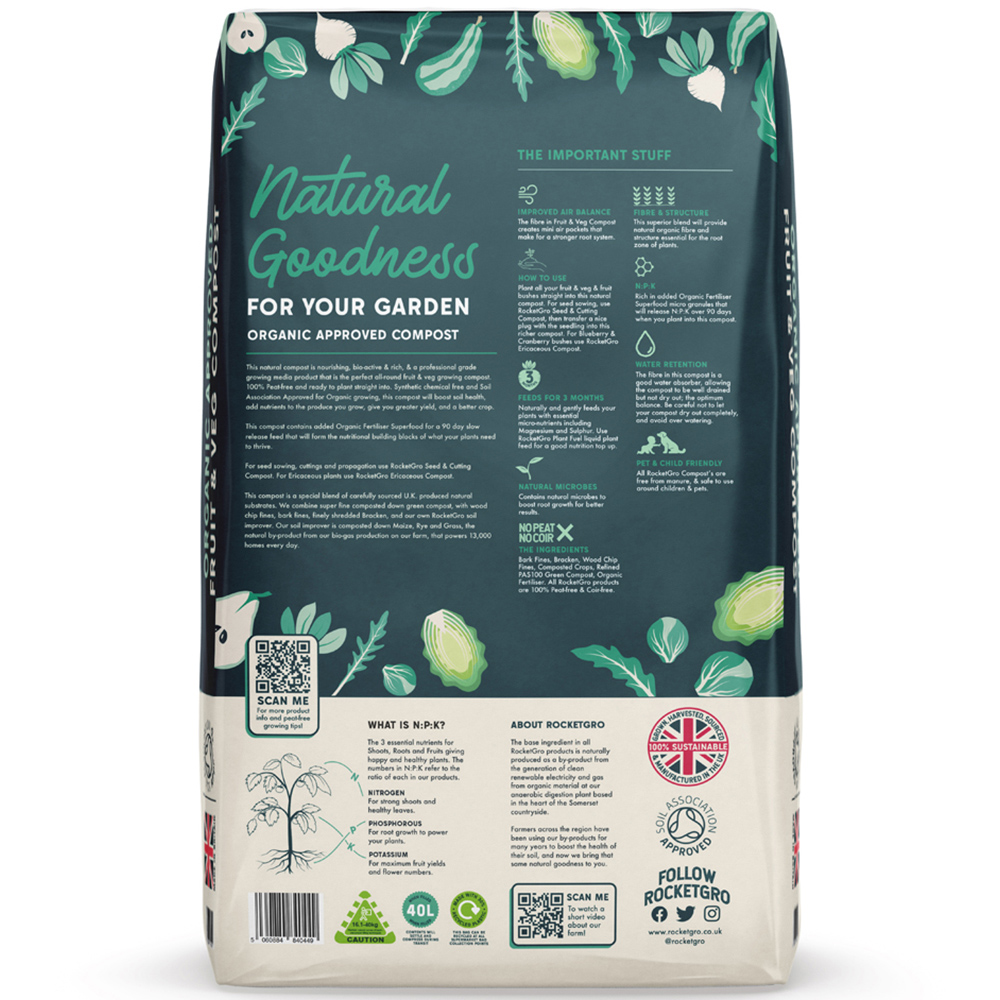 RocketGro Organic Approved Peat-Free Fruit and Veg Compost Bag 40L 38 Pack Image 4