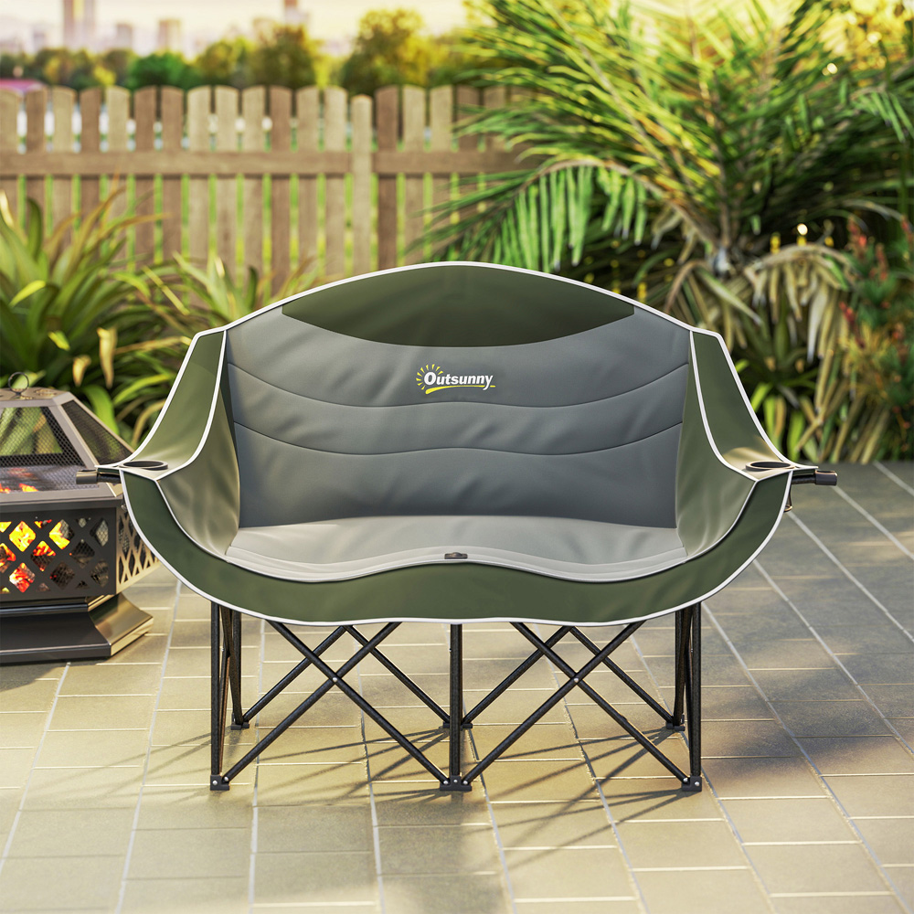 Outsunny 2 Seater Green Camping Chair with Armrests and Cup Holders Image 4