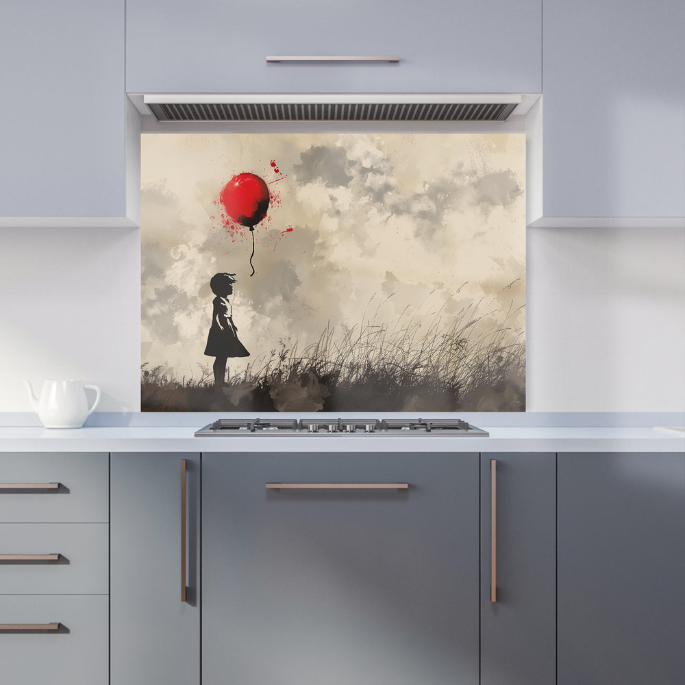 Warren Reed Designer Dreamy Banksy Inspired Girl With Red Balloon Glass Kitchen Splashback 65 x 90cm Image 1