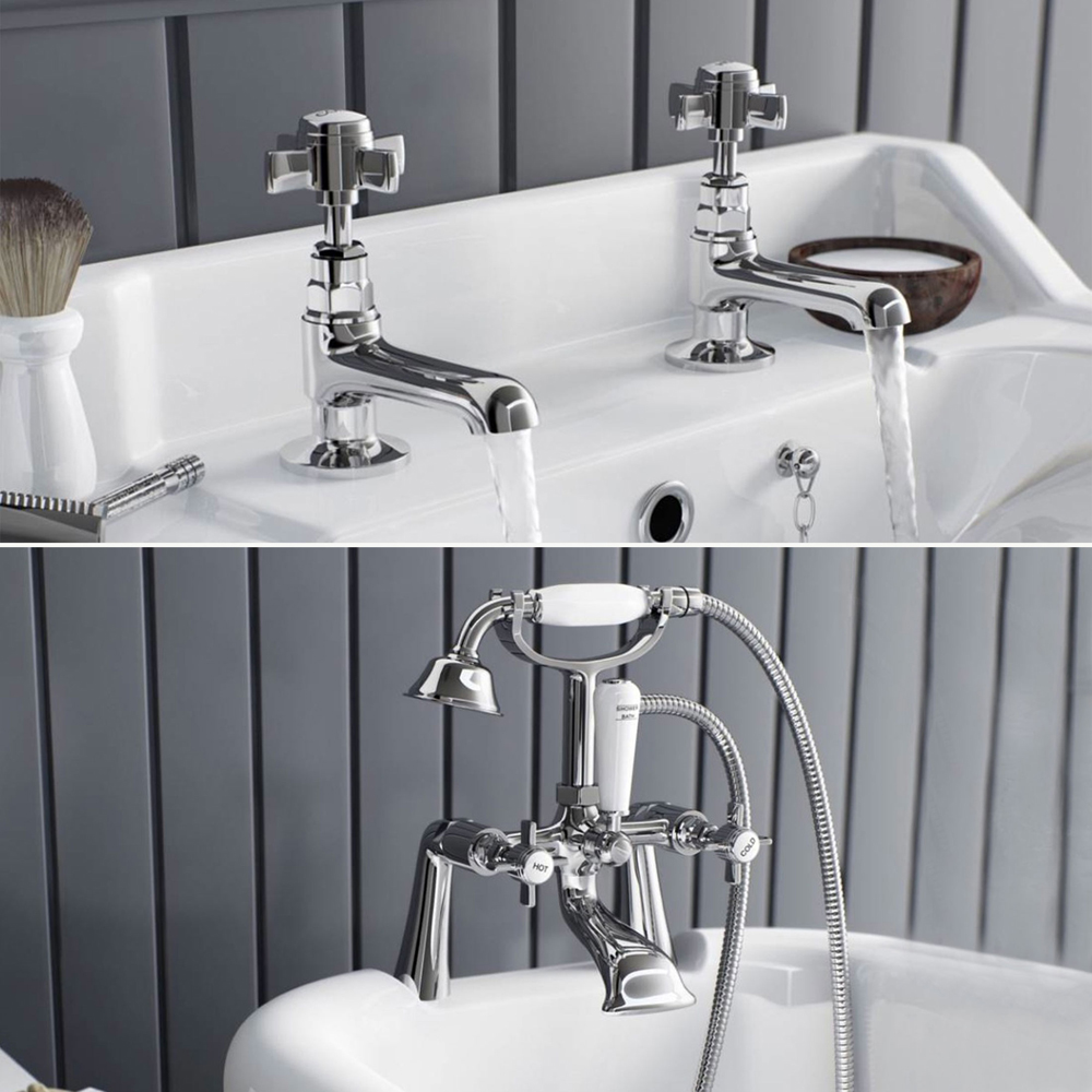 Nes Home Regent Traditional Twin Basin Taps and Bath Shower Mixer with Handheld Kit Image 2
