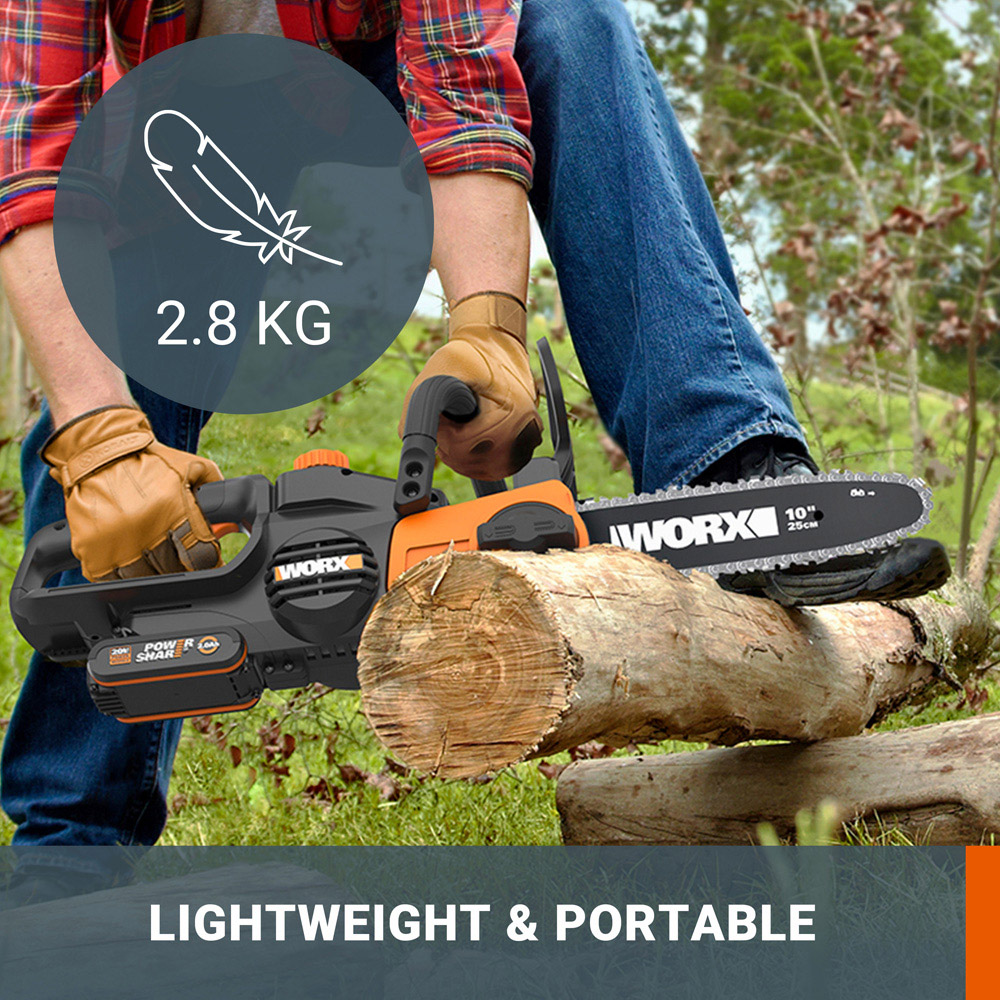 Worx WG322E.1 20V 25cm Petrol Cordless Chainsaw with 2.0Ah Battery and Blade Cover Image 3