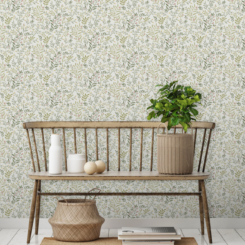 Grandeco Inia Leafy Trail Foliage and Flowers Textured Sage and Pink Wallpaper Image 2