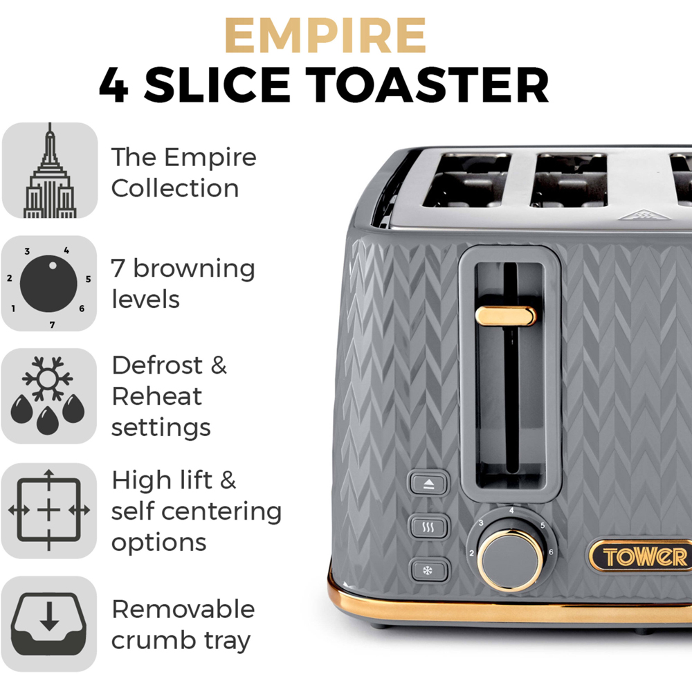 Tower Empire EEJB324 Grey 4 Slice Toaster and 1.7L Kettle Set Image 3