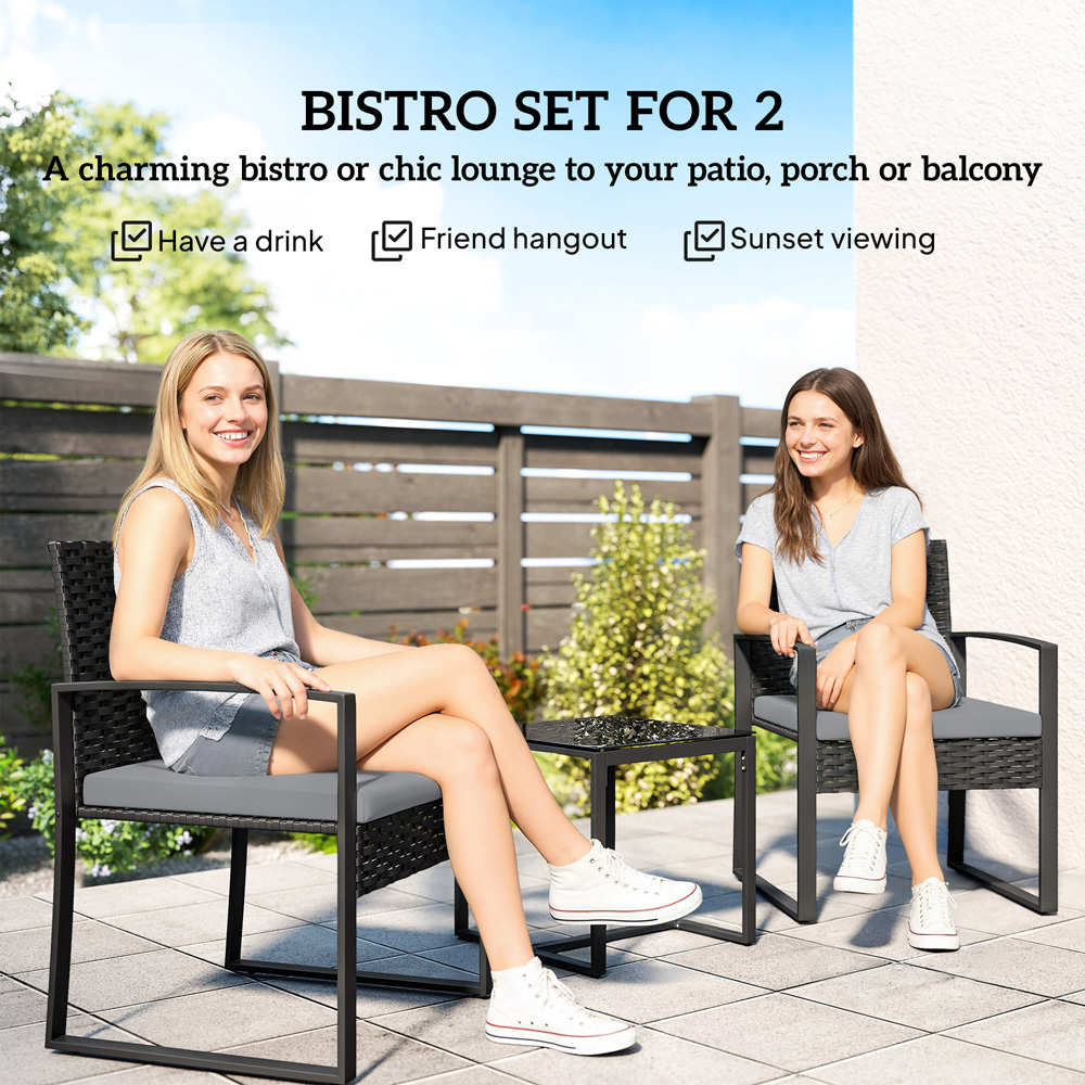 Outsunny 2 Seater Light Grey PE Rattan Bistro Set with Cushion Image 8
