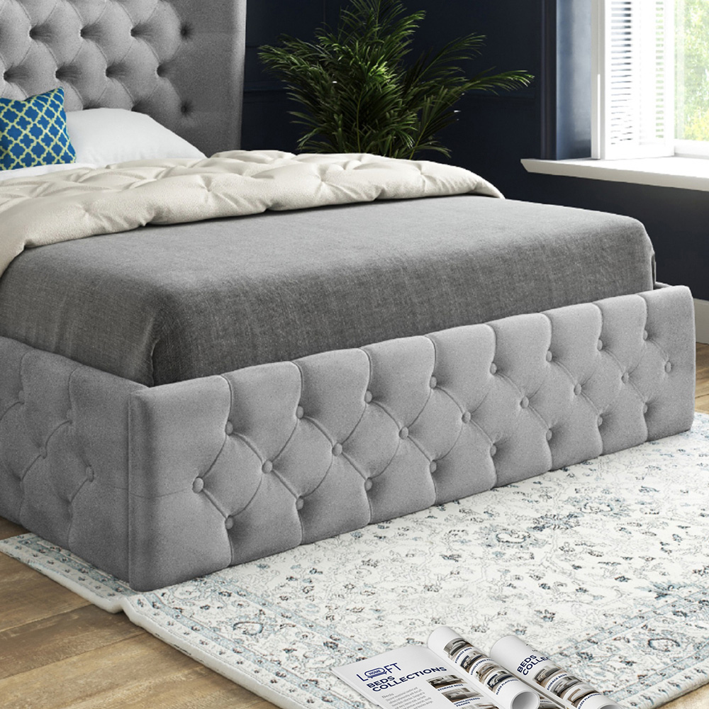 Florence Grey Small Double Velvet Upholstered Bed Frame with Wide Winged Chesterfield Headboard Image 4