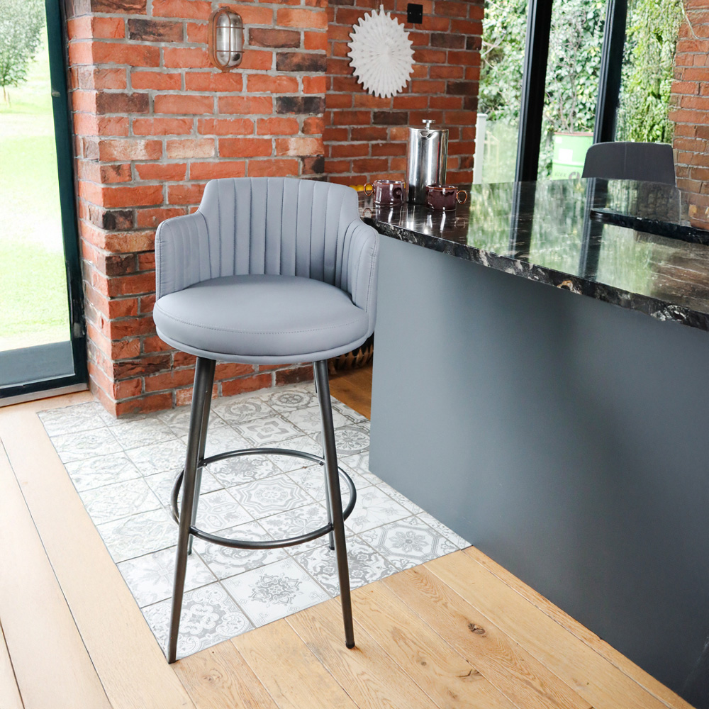 MMT Furniture Designs Dark Grey PU Leather Retro Swivel Bar Stool with Footrest Set of 2 Image 3