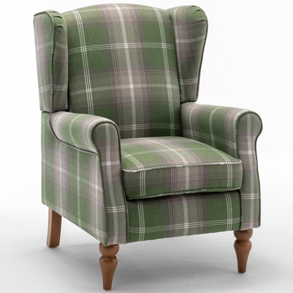 Furniture One Green Check Fabric Wing Back Fireside Armchair Image 2
