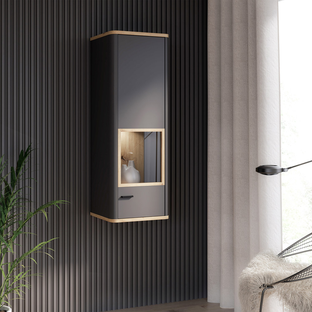 Florence Klara Single Door Grey and Oak Glass Display Cabinet with LED Lighting Image 6